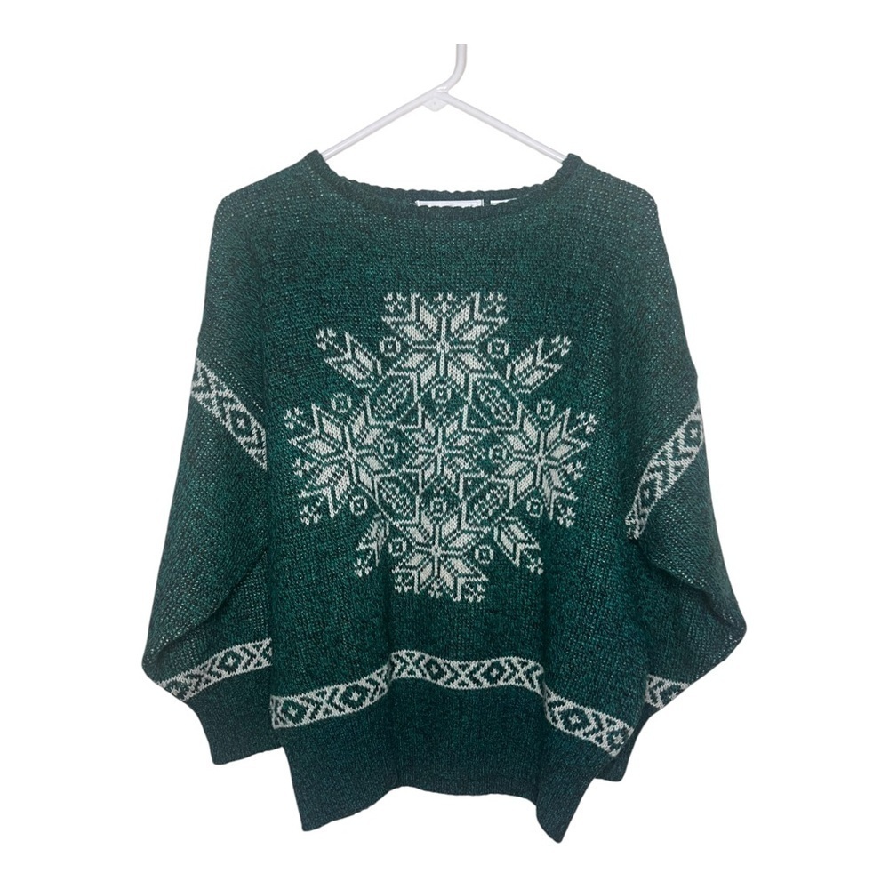 Vintage Shetland Wool Green & White Knit Sweater M